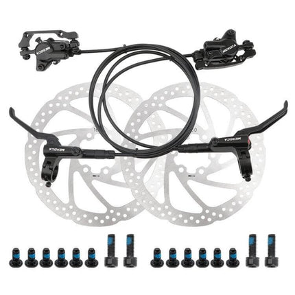 Bicycle Hydraulic Disc Brake Set For Mountain Bikes — complete front and rear kit with levers, calipers, rotors, hoses and mounting bolts