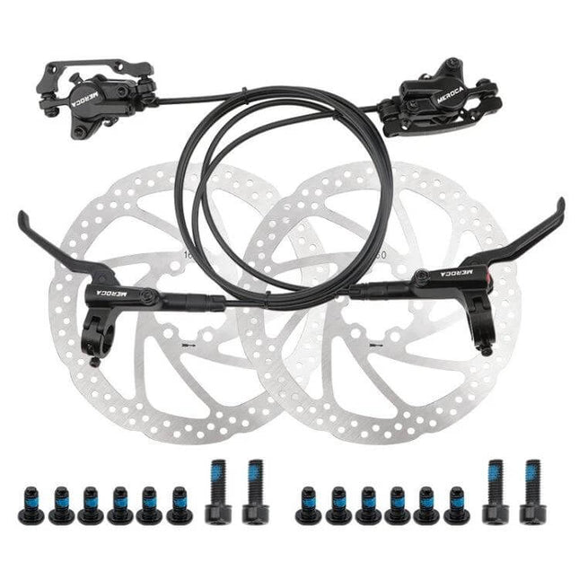 Bicycle Hydraulic Disc Brake Set For Mountain Bikes — complete front and rear kit with levers, calipers, rotors, hoses and mounting bolts