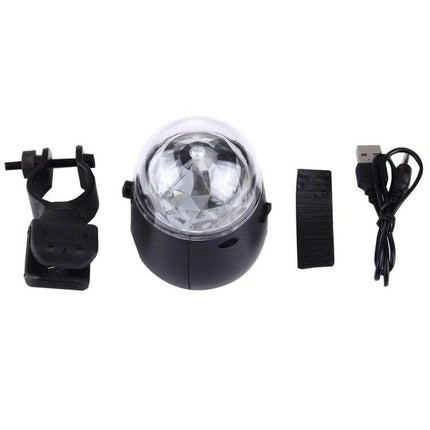 Bicycle Light With Rotating Stage Lighting Effect For Night Riding mounted on handlebar with USB cable and bracket