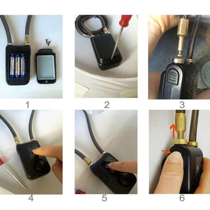 Bicycle Password Alarm IP44 Waterproof For Securing Parked Bikes Safely - compact bike alarm shown with batteries, cable, installation steps and keypad