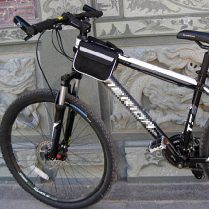 Bicycle Phone Bag For Mountain And Road Bikes With Reflective Strips mounted on bike top tube showing mesh pocket and reflective strip
