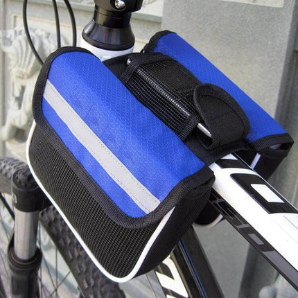 Bicycle Phone Bag For Mountain And Road Bikes With Reflective Strips - blue handlebar phone bag with mesh pocket and reflective strip for easy access