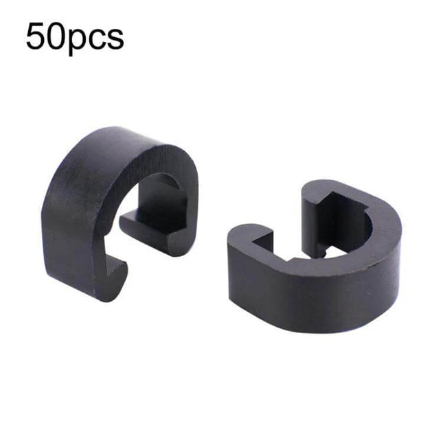 Bicycle Plastic C Clips 50 Pack For Cable Management black plastic C-shaped clips securing bike brake and gear cables along frame