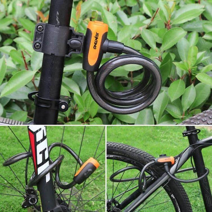 Bicycle Portable Anti Theft Steel Cable Lock For Daily Use 120cm Black coiled on bike frame with orange lock head showing PVC-coated alloy steel cable