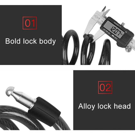 Bicycle Portable Anti Theft Steel Cable Lock For Daily Use 120cm Black showing bold lock body, alloy lock head and cable thickness measurement