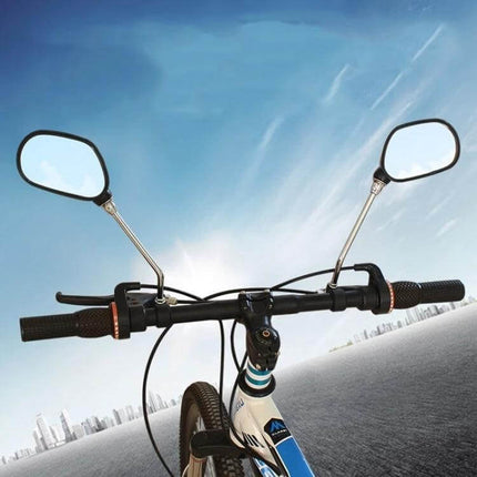 Bicycle Rearview Mirror Pair 22 To 25mm Fits Mountain Bike mounted on handlebars showing 360-degree adjustable mirrors and reinforced base for commuting