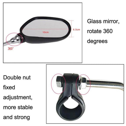 Bicycle Rearview Mirror Pair 22 To 25mm Fits Mountain Bike - 360° adjustable glass mirror with reinforced double-nut clamp for stable rear visibility