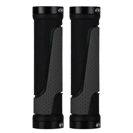 Bicycle Rubber Handlebar Cover Anti Slip For Secure Grip - black rubber grips with aluminum lock rings, textured surface, 13cm length, inner aperture ≈2.22cm