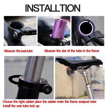 Bicycle Seat Post Conversion Sleeve Reducer For Multiple Diameters lightweight aluminum alloy adapter shown during installation on bike seat tube