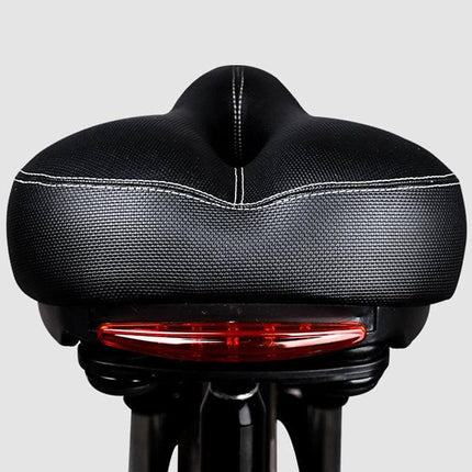 Bicycle Seat With Taillights For Mountain Bikes, Comfortable Cushion rear-view showing wide padded saddle, double-spring steel base and integrated taillight