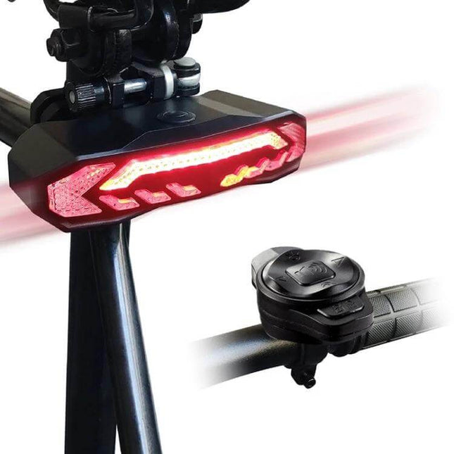 Bicycle Smart Brake Taillight Remote For Night Rides mounted on seatpost with handlebar remote showing brake and turn signals
