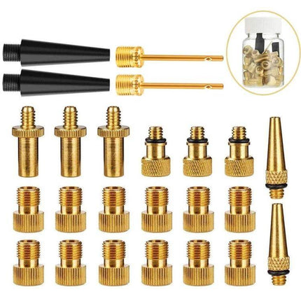 Bicycle Valve Adapter Set for Pumps Universal Fit Kit showing copper and plastic adapters, needles, and nozzles for inflating tires and sports balls