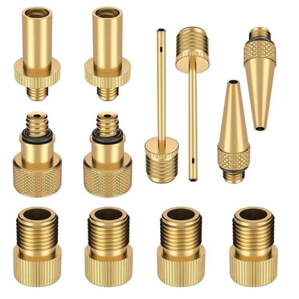 Bicycle Valve Adapter Set for Pumps Universal Fit Kit - brass copper adapters and needles for bike, car, and sports inflators
