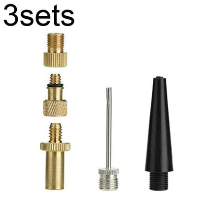 Bicycle Valve Adapter Set for Pumps Universal Fit Kit showing three brass adapters, needle inflator pin and black plastic cone nozzle