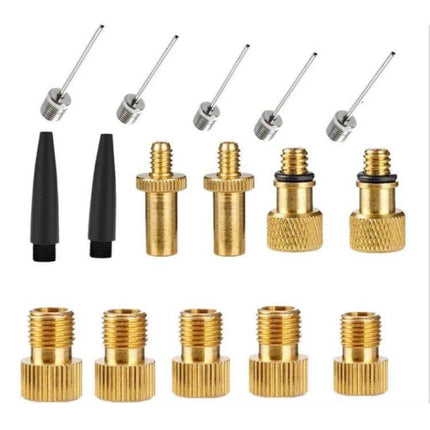 Bicycle Valve Adapter Set for Pumps Universal Fit Kit - brass and plastic adapters with needles for bike tires and sports inflatables