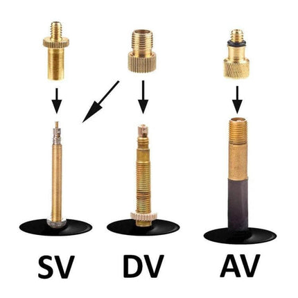 Bicycle Valve Adapter Set for Pumps Universal Fit Kit showing SV DV AV adapters and copper/plastic components