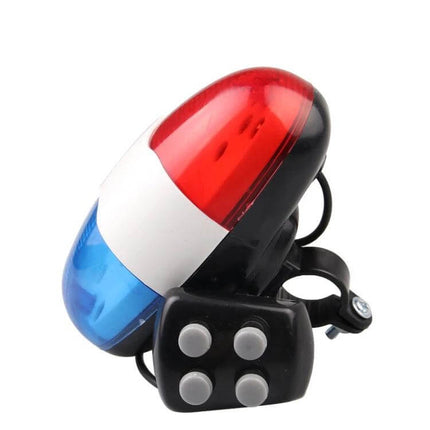 Bicycle 4 Tone Electronic Horn With LED Tail Light mounted on bike handlebar showing red and blue LED tail with 4-button control