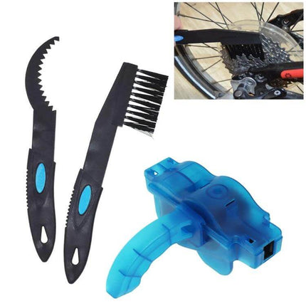 Bike Chain Cleaning Brush Set 3-Piece for Chains and Cogs showing three brushes and example cleaning a bike chain