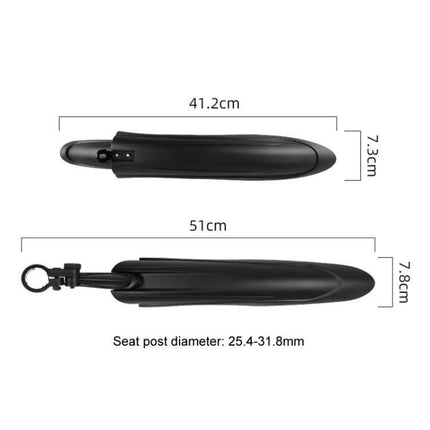 Bike Fender Set For MTB Front And Rear Quick Release Mudguards shown with dimensions 41.2cm/51cm and seat post clamp for 25.4–31.8mm