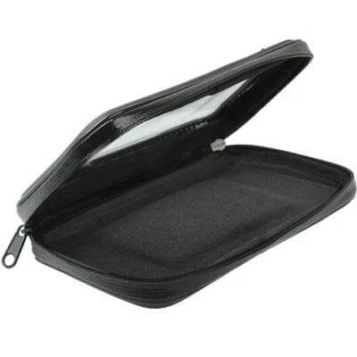 Bike Mount and Waterproof Touch Case for Galaxy Note Series showing open black zippered waterproof touch case with clear front lens and padded interior