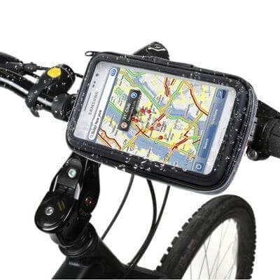 Bike Mount and Waterproof Touch Case for Galaxy Note Series secured on bicycle handlebar showing map, IPX4 water-resistant touch screen protection