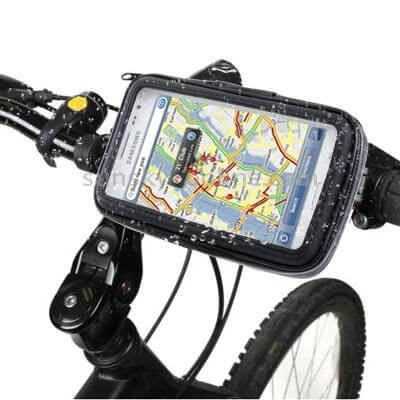 Bike Mount and Waterproof Touch Case for Galaxy Note Series secured on bicycle handlebar with map visible and water droplets
