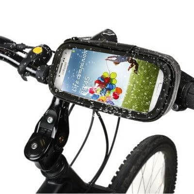 Bike Mount Tough Waterproof Touch Case for 5.5 Inch Phone mounted on bicycle handlebar in rain showcasing touchscreen visibility and rugged protection