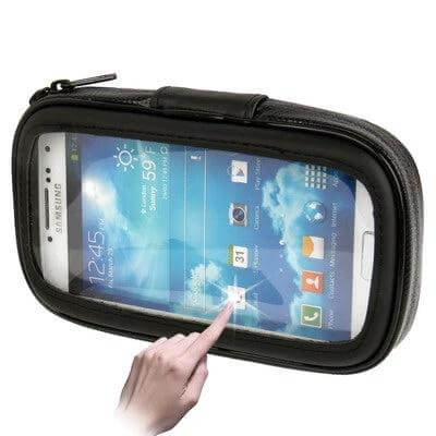 Bike Mount Tough Waterproof Touch Case for 5.5 Inch Phone attached to handlebar, rugged waterproof hard-shell with front-touch screen access