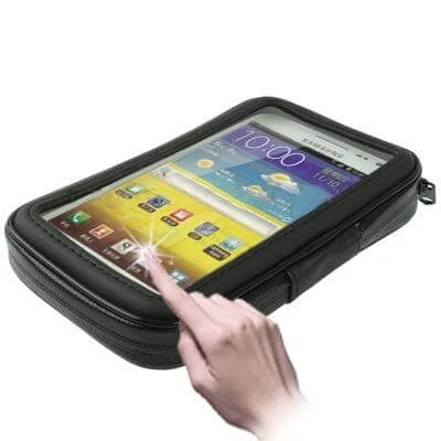 Bike Mount and Waterproof Touch Case for Galaxy Note Series showing touchscreen use, rugged zippered shell and secure bike mounting protection