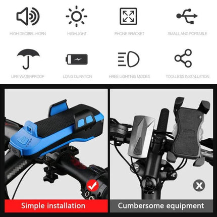 Bike Phone Holder With Headlight For Safe Rides And Convenience mounted on bicycle handlebar showing phone cradle, headlight, power bank and simple installation