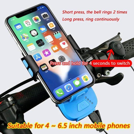 Bike Phone Holder With Headlight For Safe Rides And Convenience mounted on bike handlebar holding smartphone with built-in light, power bank and speaker