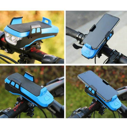 Bike Phone Holder With Headlight For Safe Rides And Convenience mounted on bicycle handlebar showing phone cradle, front light, and power bank