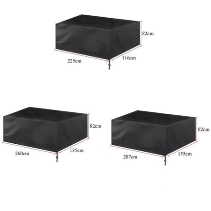 Billiard Table Dust Cover Water-Repellent For Everyday Protection – black oxford cloth cover shown in three sizes with drawstring hems and dimensions