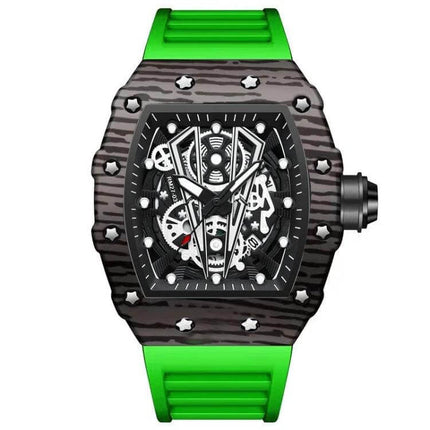 BinBond Sports Watch for Daily Wear With Silicone Strap green silicone strap metal case skeleton dial lightweight water-resistant