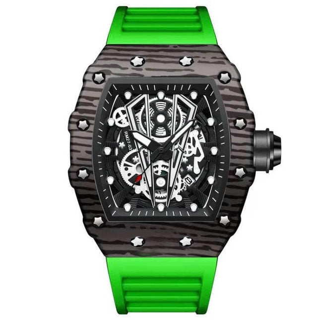 BinBond Sports Watch for Daily Wear With Silicone Strap green silicone strap metal case skeleton dial lightweight water-resistant