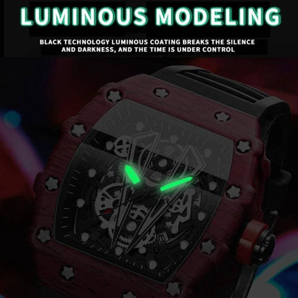 BinBond Sports Watch for Daily Wear With Silicone Strap showing luminous green hands on skeleton dial and red metal case with silicone strap