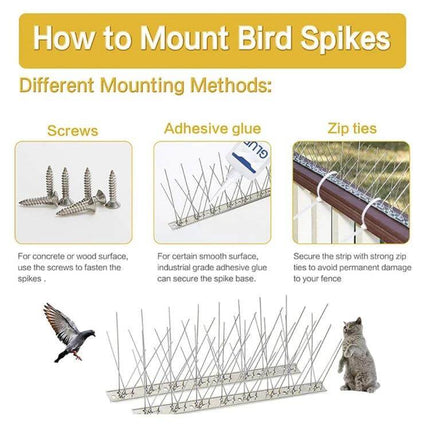 Bird Repellent Thorn Strips 50cm Long For Balconies showing screws, adhesive glue and zip ties mounting methods