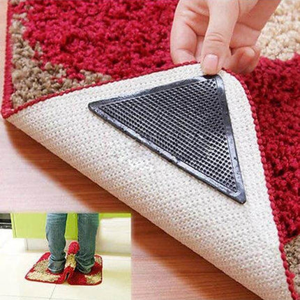 Black Anti-Slip Rug Corner Mats, 4-Piece Set, 15.5x10.5cm - black silicone corner mat pressed onto rug backing to prevent curling and slipping