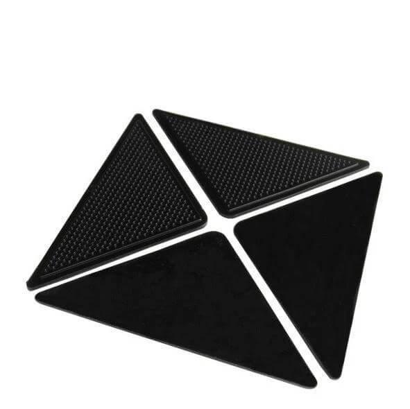 Black Anti-Slip Rug Corner Mats, 4-Piece Set, 15.5x10.5cm - black silicone triangle corner grips to prevent rug curling on hard floors
