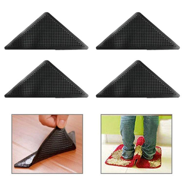 Black Anti-Slip Rug Corner Mats, 4-Piece Set, 15.5x10.5cm - black silicone corner grips to prevent rug curling on wood tile laminate