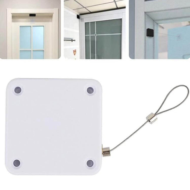 Black Automatic Door Closer For Sliding Doors Home Use shown in white ABS shell with stainless steel wire rope, compact 6.3x6.3x1.8cm door closer for interior use