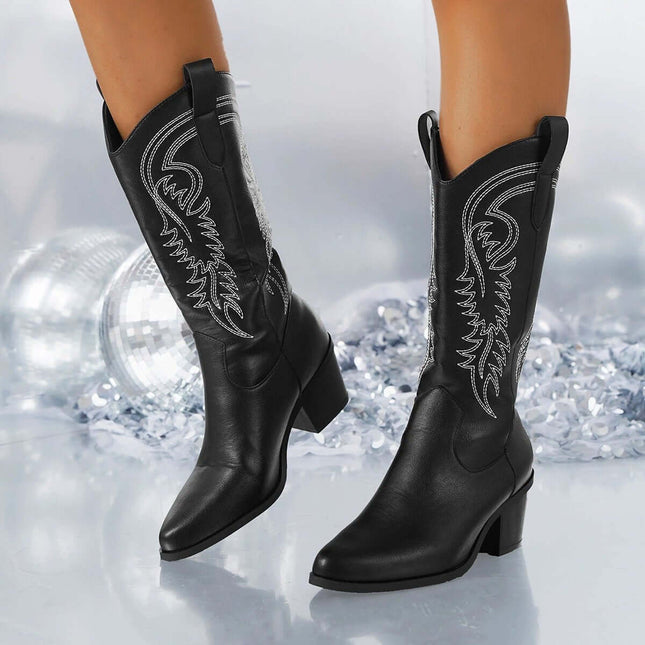 White Mid Heel Western Cowboy Boots With High Shaft shown in black styled for casual commuting and stage wear