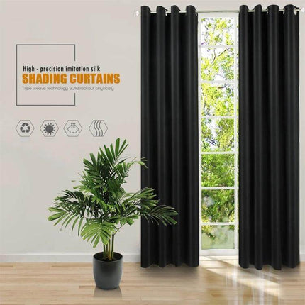 Blackout Curtain Shade Cloth For Room Darkening 140x175 cm hung on window showing dark polyester panels, light blocked, plant beside curtains