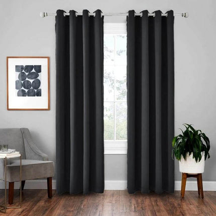 Blackout Curtain Shade Cloth 42x84 Inches for Light Blocking - black polyester grommet curtains hanging in living room blocking daylight