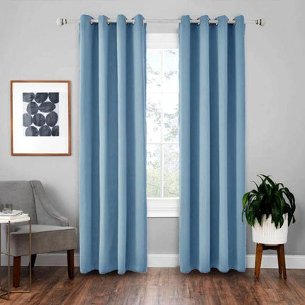 Blackout Curtain Shade Cloth For Room Darkening 140x175 cm light-blocking blue polyester curtains hung in a bright living room