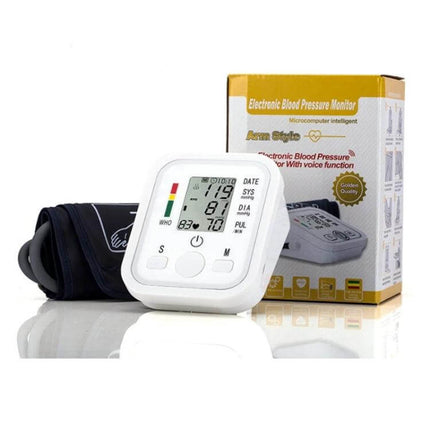 Blood Pressure Monitor With LCD Display For Home Use showing white digital device, cuff and packaging highlighting IHB detection and 99-reading memory