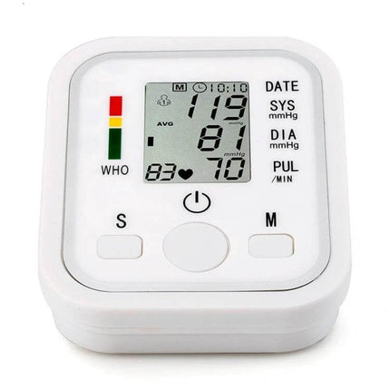 Blood Pressure Monitor With LCD Display For Home Use showing clear digital systolic/diastolic readouts, pulse, WHO indicator and user memory buttons