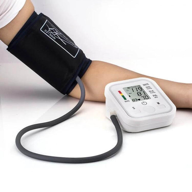 Blood Pressure Monitor With LCD Display For Home Use showing cuff on arm and clear LCD readings, stores 99 readings, two-user, IHB arrhythmia detection