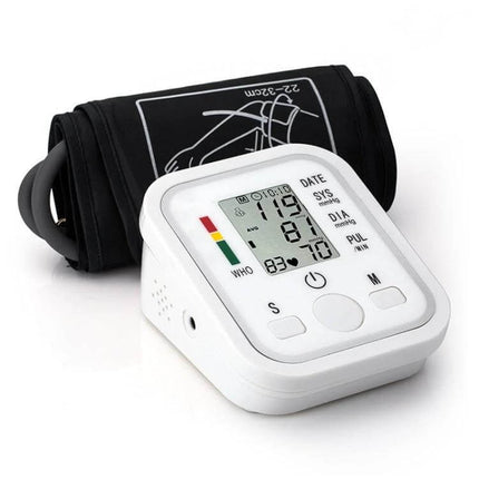 Blood Pressure Monitor With LCD Display For Home Use showing cuff and clear LCD readings, dual-user memory and irregular heartbeat detection