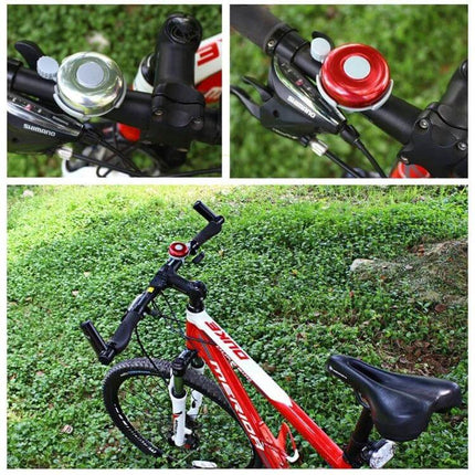 Blue Mini Aluminum Bicycle Bell For Everyday Riding mounted on red hybrid bike handlebar showing compact blue bell for urban commuting